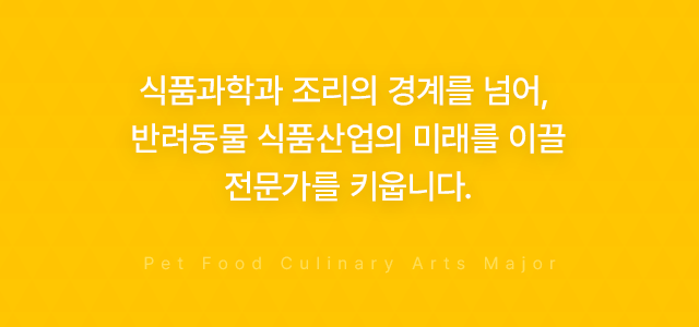 식품과학과 조리의 경계를 넘어, 반려동물 식품산업의 미래를 이끌 전문가를 키웁니다. Pet Food Culinary Arts Major